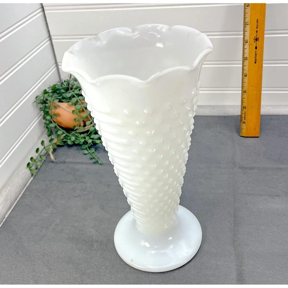 Vintage Anchor Hocking Hobnail Milk Glass Vase - Pedestal Planter